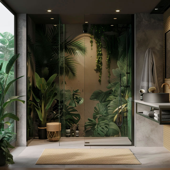 Modernes Badezimmer mit Regenwaldthema, Glasdusche umgeben von tropischen Pflanzen und stilvollem Waschbeckenbereich.